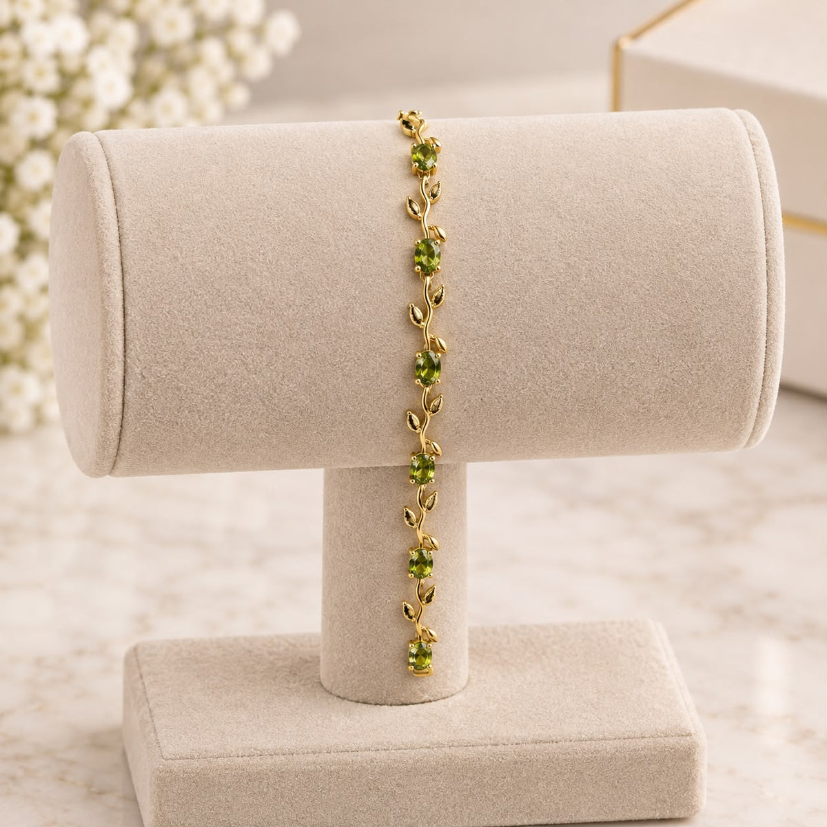 Delicate Gold-Plated Olive Green Leaf Vine Bracelet 