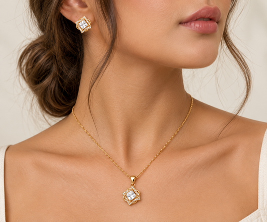 Emerald-Cut Crystal Halo Pendant Set