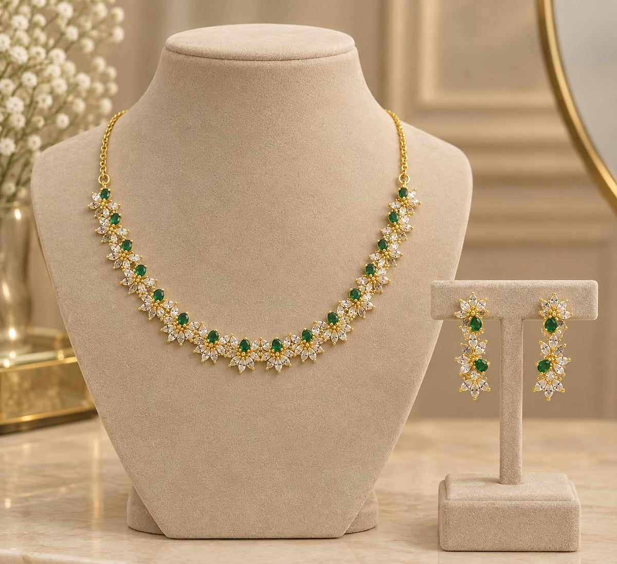 Emerald Green Floral AD Necklace Set