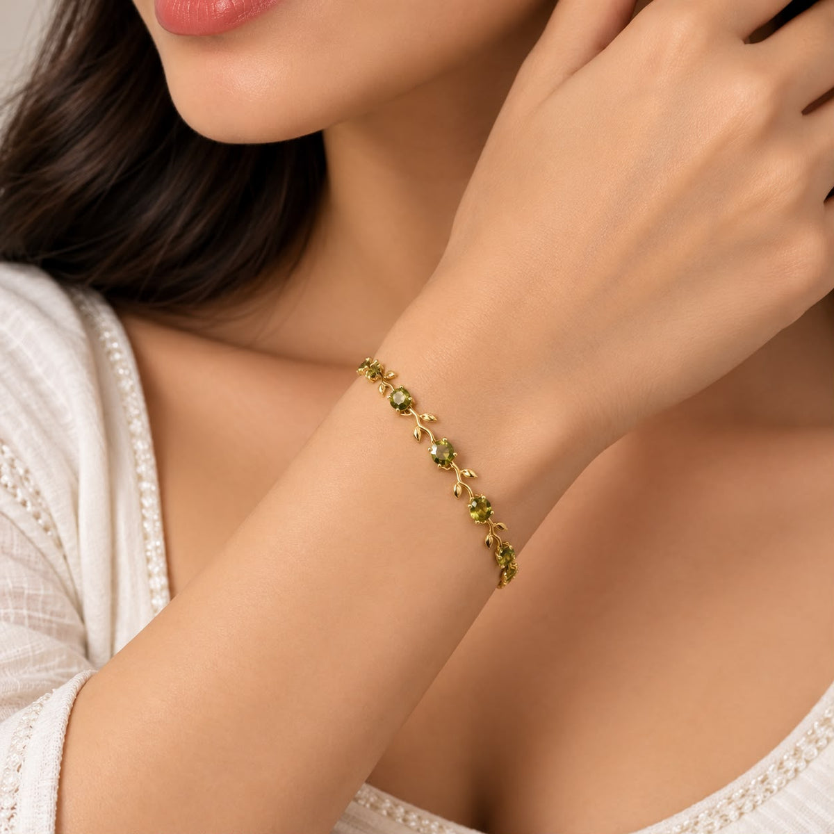 Delicate Gold-Plated Olive Green Leaf Vine Bracelet 