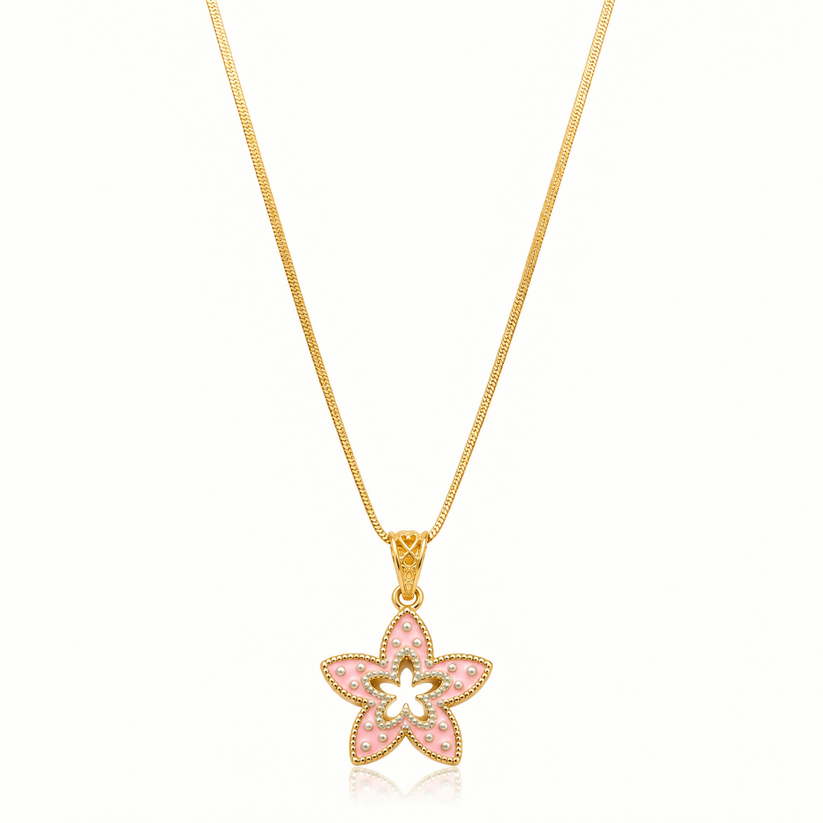 Pink Enamel Star-Shaped Flower Pendant Necklace