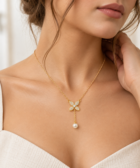 Pavé Four-Petal Floral Lariat & Pearl Necklace