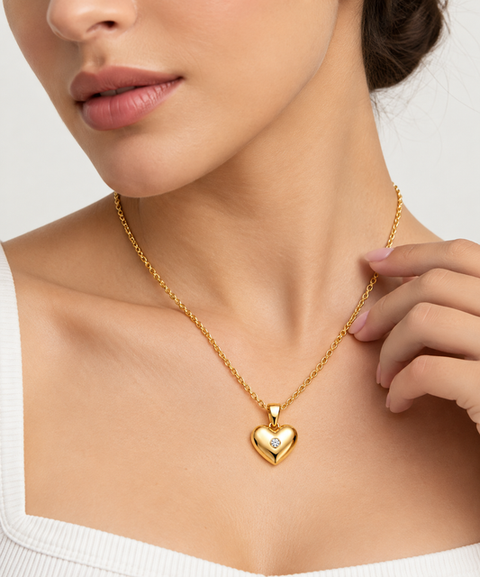 Diamond-Accented Puffed Heart Necklace