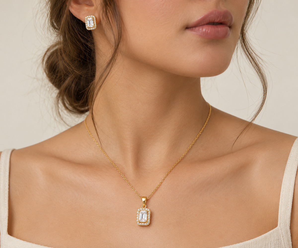 Princess-Cut Twisted Halo Pendant Set