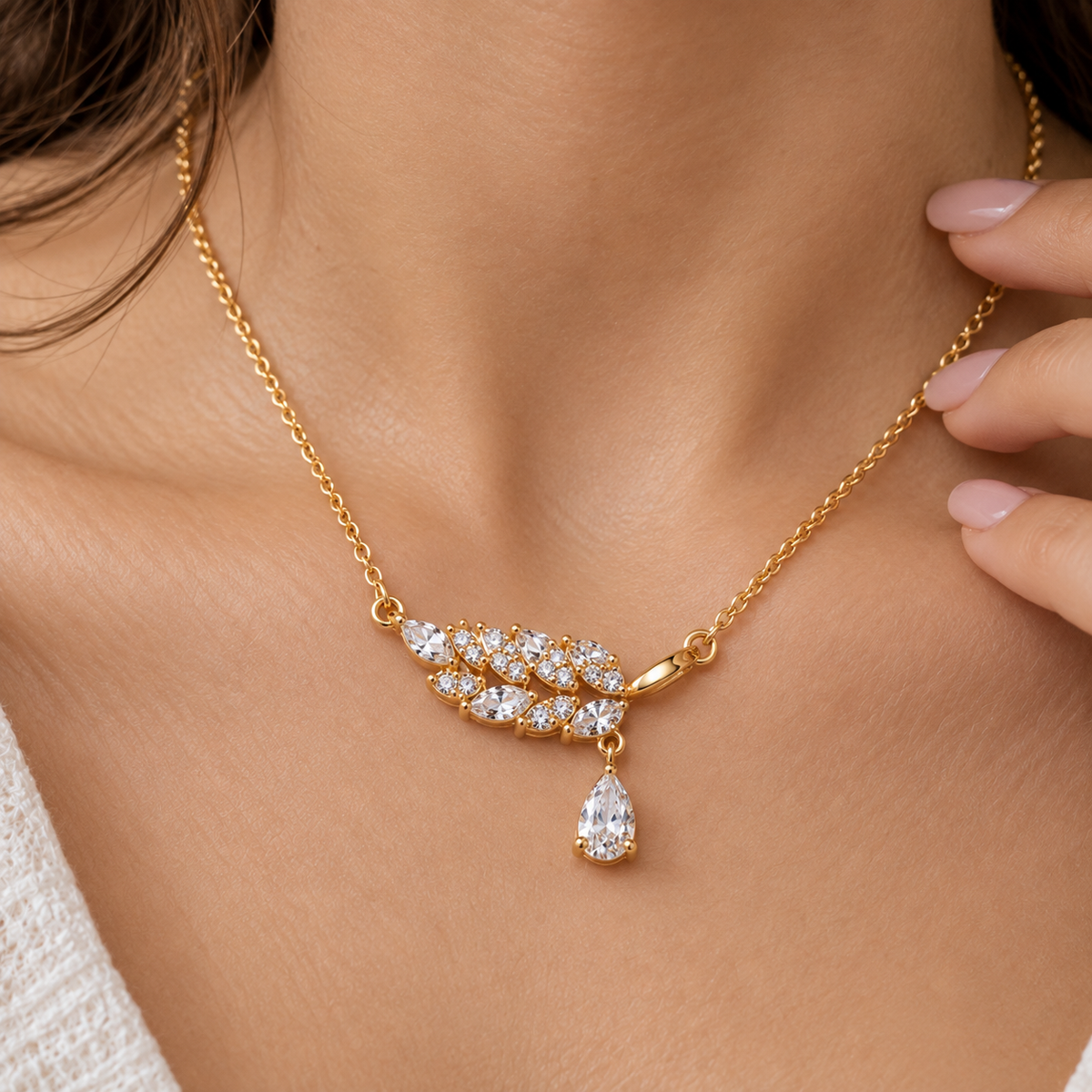 Pavé Feather & Pear Drop Dainty Necklace