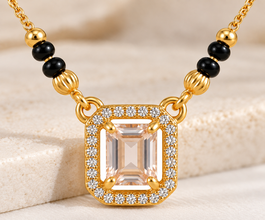 Emerald-Cut CZ Halo Gold Mangalsutra