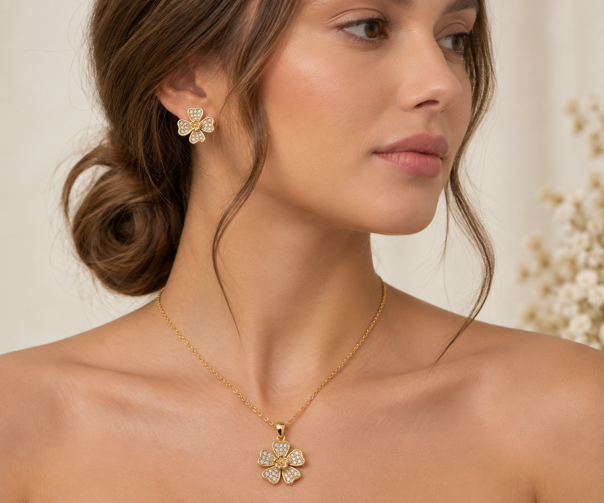 Layered Pavé Blossom Pendant Set