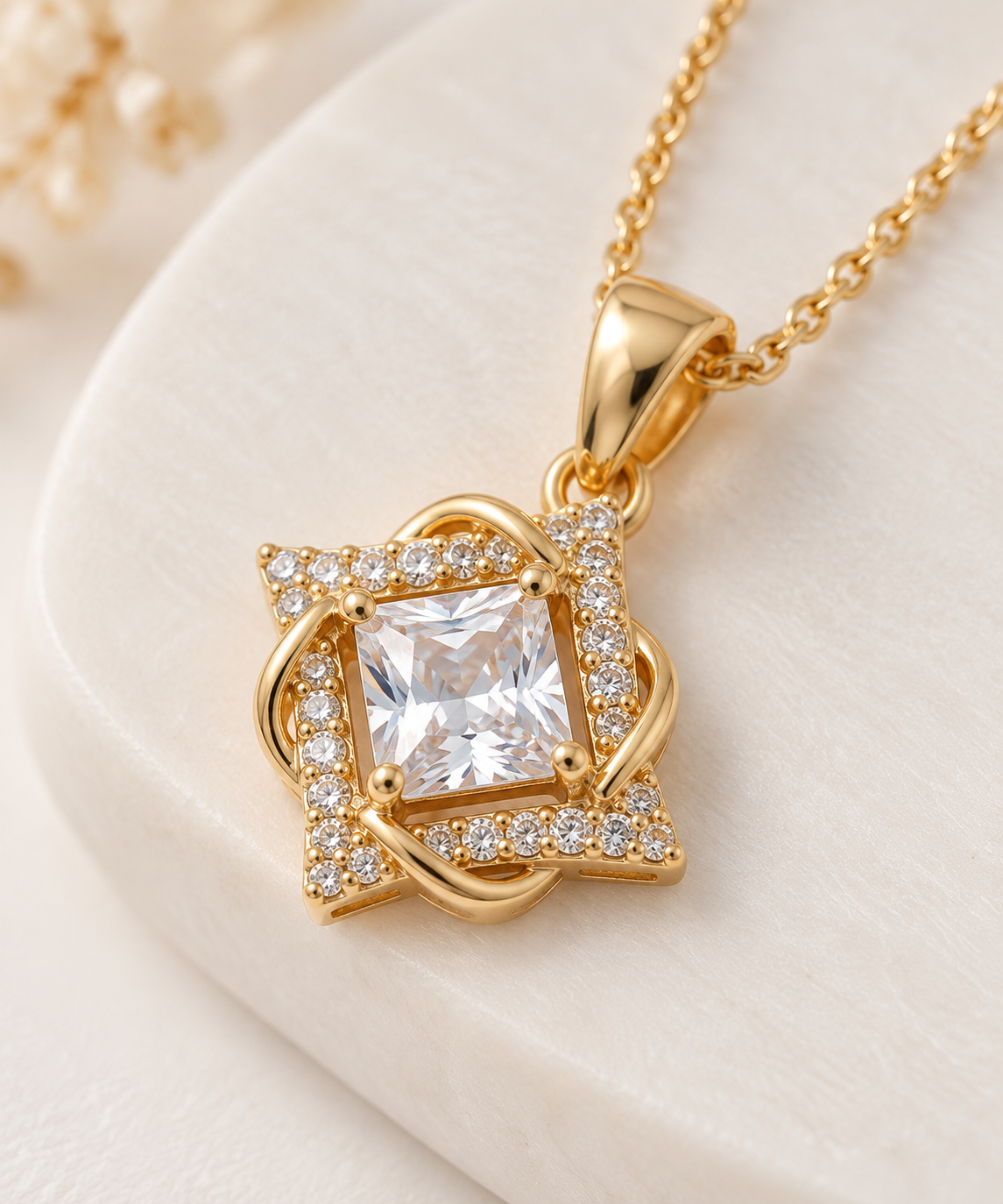 Emerald-Cut Crystal Halo Pendant Set