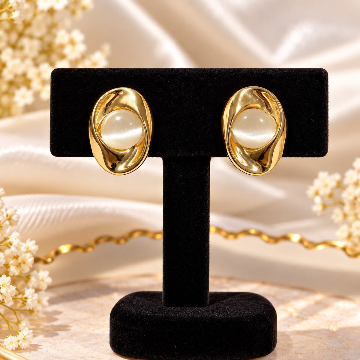Golden Pearl Oval Studs